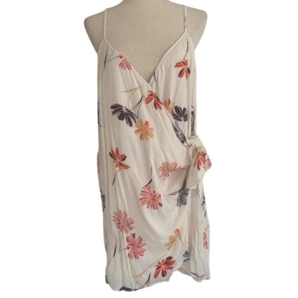 O'Neill Floral Wrap Mini Dress XL Cream Tie Waist Strappy Boho Beach Resort